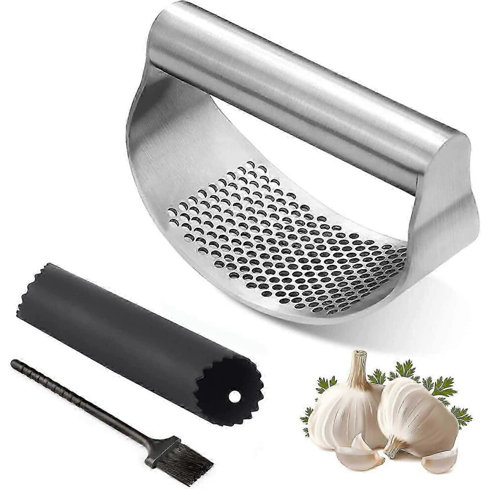 Stainless Steel Rocking Garlic Press - Garlic Chopper, Handheld Garlic Crusher, Ginger Cutter, Garlic Press - Silicone Garlic Peeler, Tube & C