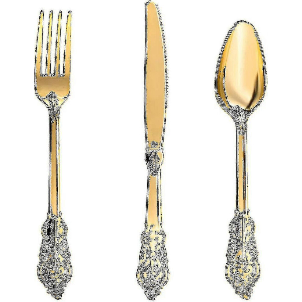 300-Piece Plastic Cutlery Set - Thick Plastic Cutlery Set, 100 Forks, 100 Spoons, 100 Knives, 100 Utensils Gold