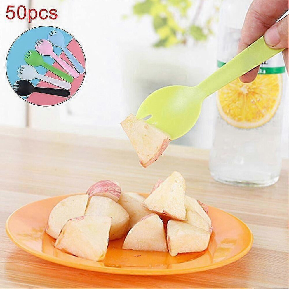 （White） 50Pcs Disposable Plastic Candy Fruit Forks Spoons Party Dessert Spoon Cutlery Jikaix White