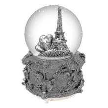 Paris Eiffel Tower Snow Globe Music Box With Automatic Snowfall And Colorful Lights, 100mm 6" Tall