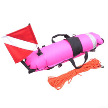 Inflatable Spearfishing Float Dive Marker Buoy With Diver Down Flag Reflective Band 210D Nylon 25m Rope Fluorescent Pink