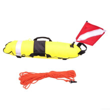 Inflatable Spearfishing Float Dive Marker Buoy With Scuba Diver Down Flag, 210D Nylon Construction, 25m Rope, Yellow