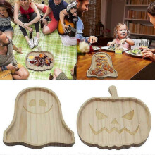 (ghost disk) Halloween Wooden Pumpkin Ghost Tray Home Decor Dinner Plate Decoration