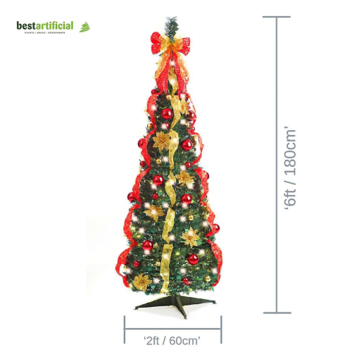 Pop-Up Red/Gold Decorated 6ft Christmas Tree Battery LED Lights 2