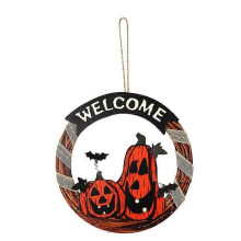 (Style 1) Ghost Festival Welcome Card Garland Door Hanging Halloween Wooden Pumpkin Black Cat Cemetery Castle Ghost Dress Up Supplies