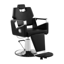 Silla de peluquería con altura ajustable, respaldo y reposacabezas adaptables, estructura metálica sólida.