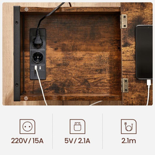 Mesa de apoio - HELLOSHOP26 - Mesa com tomadas USB - Design rústico - Aço preto - 60x31,5x60 cm 1
