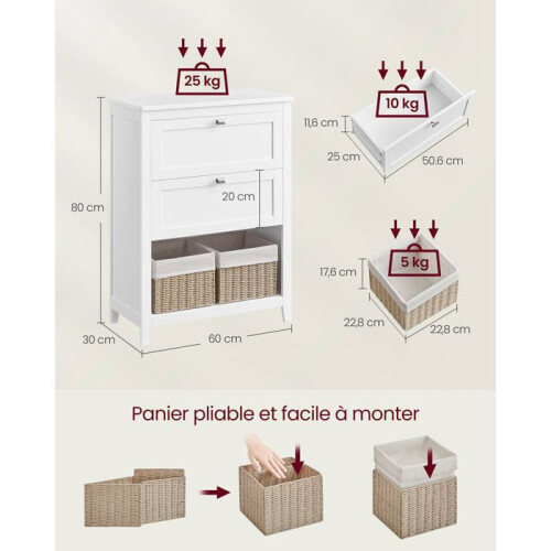 Badmeubel - HELLOSHOP26 - 2 lades - Verstelbare scheider - Rieten manden - Wit MDF 2
