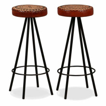 Lote de dois bancos de bar design cadeira assento couro verdadeiro e tecido marrom 1202167