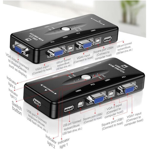 USB 2.0 KVM Switch 4 Port VGA 1920x1440 Shared Keyboard Mouse Printer Pendrive For Laptop TV Projector 2