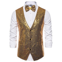 Men's Glitter Vest With Bow Tie Set, Sleeveless V-Neck Sequin Vest, Golden Sequin Costume, Wizard Costume, XXL Gold