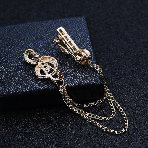 2 broches com gravata p/ homens, corrente c/ nota musical e strass 2