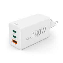 Snellader, GaN, 2 USB-C PD, 1 USB-A QC, mini-oplader, 100 W, wit