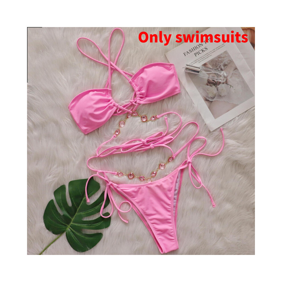 (Pink, M) Strap Cross Bikini Top Triangle Bottom Comfortable Nylon Summer Fabric Beachwear-image-OPC-PKJ6Z88-NEW