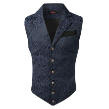 Men's Suit Vest Victorian Gothic Steampunk Jacquard V-Neck Slim Fit Sleeveless Jacket Navy Blue 3XL S01 Cosplay