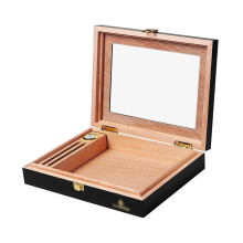 Cedar Wood Lined Glass Top Cigar Cabinet With Humidifier And Hygrometer, Holds 20 Cigars, Black Portable Men's Gift Box