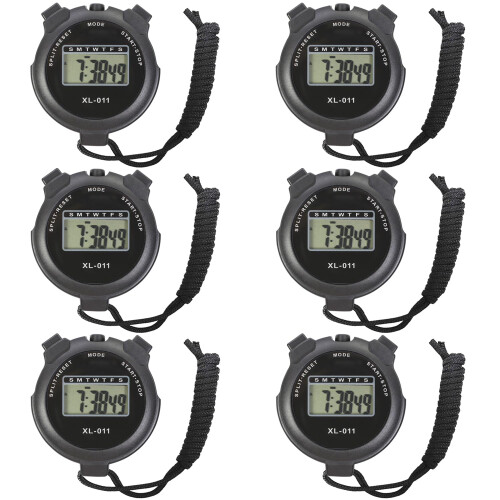 6-Pack Multi-Function Electronic Digital Sport Stopwatch Timer With Large Display Date Time Alarm Black Coaches Referees