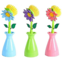 3 Pack Kitchen Scrubbing Brushes, Cute Flower Shaped Long Handle Dishwashing Brush, Blue+green+powder