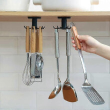 360 Rotating Kitchen Utensil Holder, 6 Hooks Under Kitchen Utensil Holder, No Drilling Storage Hooks for Kitchen/Bathroom
