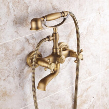 Bath Mixer Tap With Handheld Shower Head Wall Mounted Double Cross Handle Brass Retro Antique A