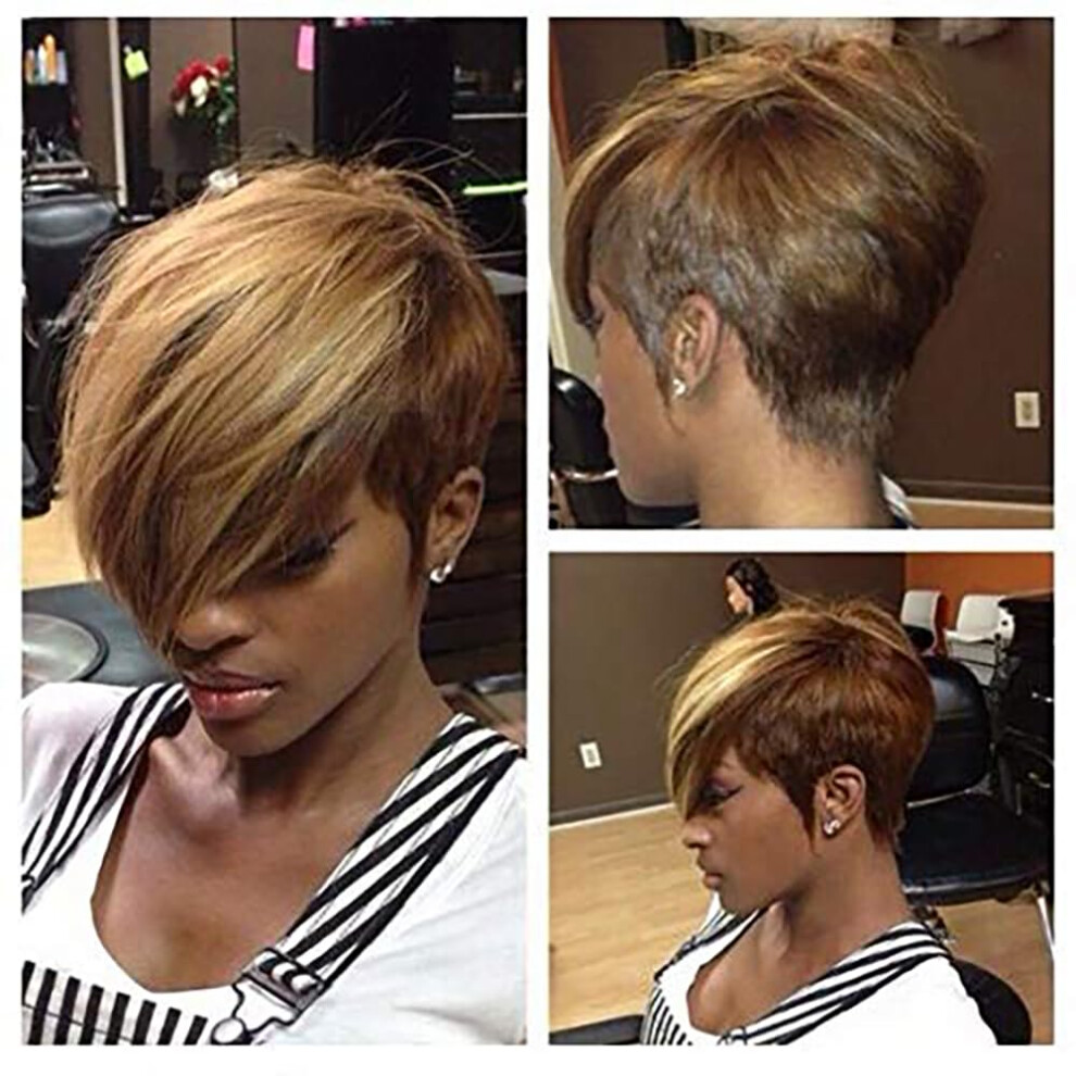 Unisex Black,Brown Pixie Cut Wig With Bangs - Synthetic Mixed Blonde Brown Wig For Black Women - Short Hairstyle