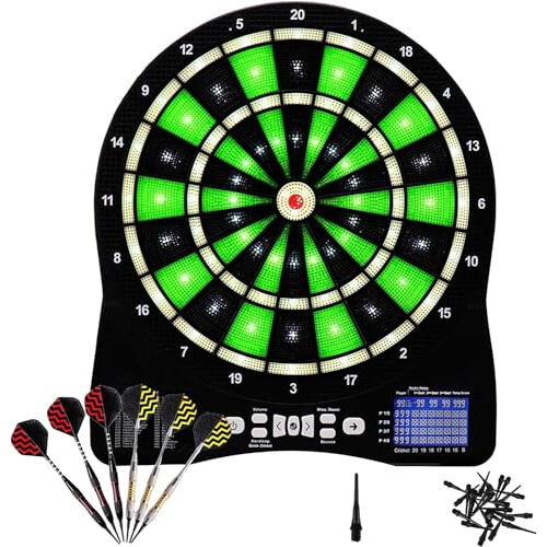 Illuminated 13" Electronic Dart Board Set, 48 Games, 6 Soft Tip Darts, Automatic Scoring, Compact Green Board