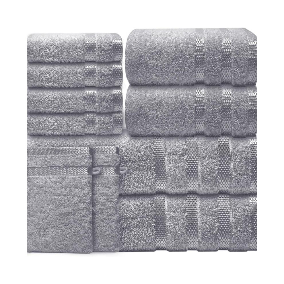 (Silver 10pcs Premium) 10 Luxury Towel Set- 10 Piece Towels for Bathroom 100% Cotton-2 Bath Towels, 2 Hand Towels, 4 Face cloth & 2 Body Wash Gloves H-image-OPC-PKJBSW7-NEW