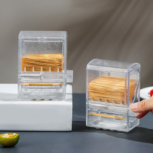 Toothpick Dispenser Clear Knob Switch Tabletop Toothpick Holder Rack Automatic Transparent Storage Box 2-Pack 2