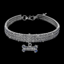 Collier d'os pour animaux de compagnie, 3 rangées de strass et de cristaux, collier élastique
