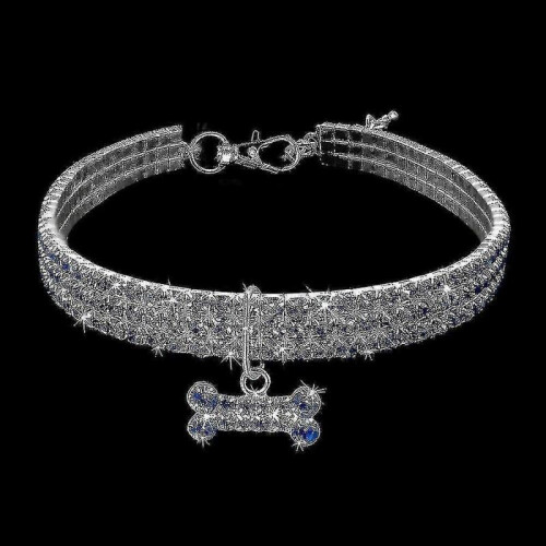 Collier d'os pour animaux de compagnie, 3 rangées de strass et de cristaux, collier élastique