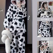 (White, 10) Cute Cow Hooded Flannel Pajamas, New Winter Thick Plush Lined Home Suit Set