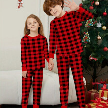 (Mixed Color, 8Y) Flame Retardant Fabric New Christmas Round Neck Red Plaid Contrast Print Parent-Child Set Long Sleeve Boys and Girls Pajamas Two
