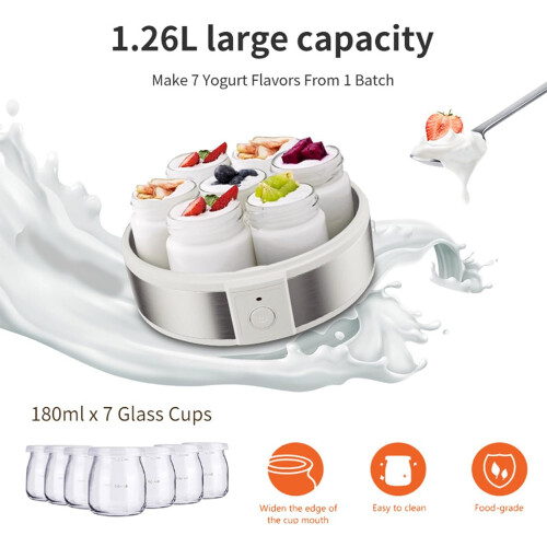 Yogurt Machine 1.26L Reusable 180ML Glass Jars, 7-Pack, Constant Temperature, One-Click Start, Automatic Yogurt Maker 2