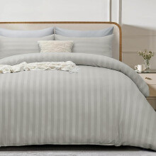 (Silver, Super King) 4 Piece Duvet Cover Set - Duvet Cover and Fitted Sheet with Pillow cases - Satin Stripes Soft Brushed Microfiber comfort bedding- available