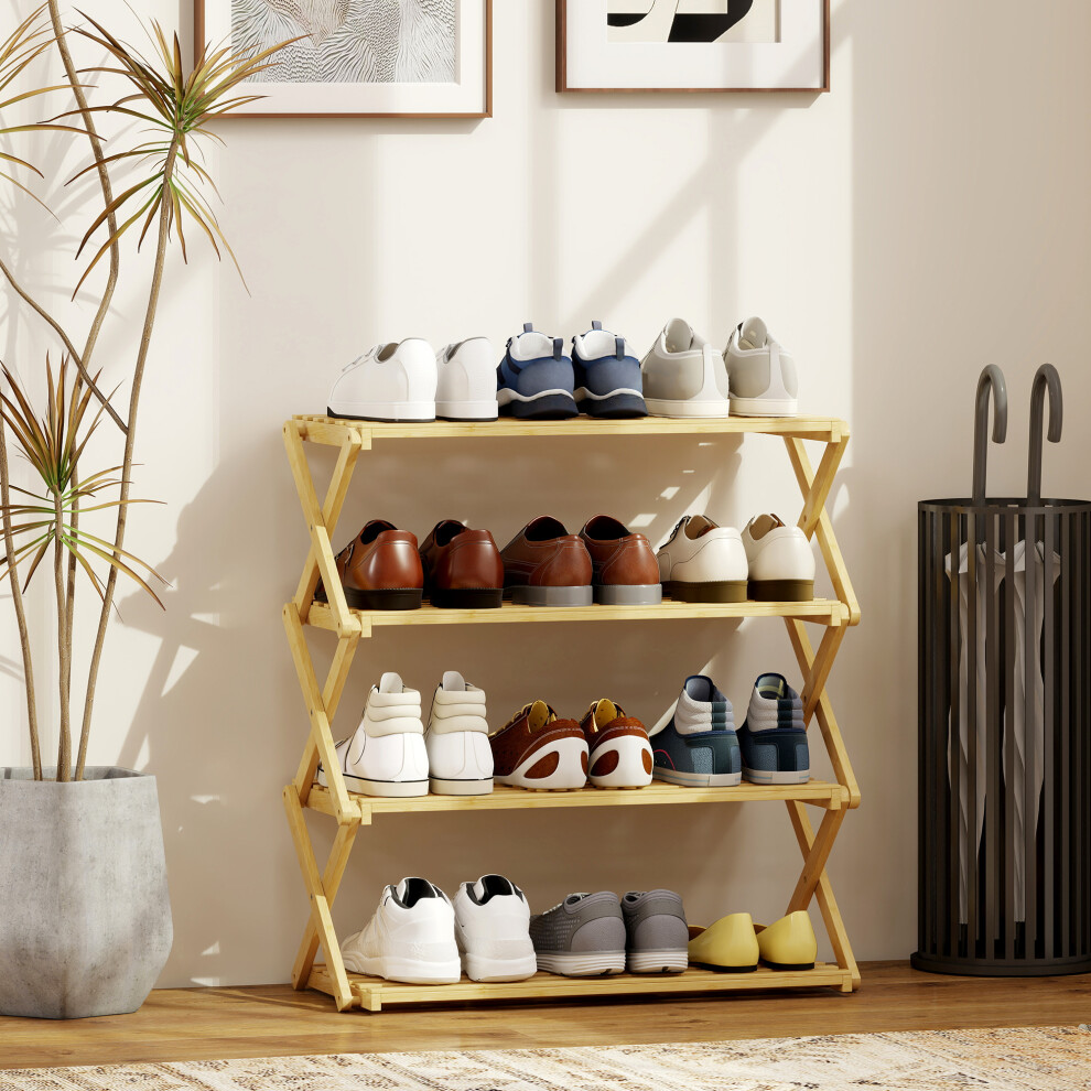 Homcom 4-Tier Bamboo Shoe Rack, Folding Shoe Shelf, Holds Up To 12 Pairs