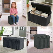 (Charcoal, Large - 76x35x35cm) Ribbed Storage Box Large Capacity Ottoman Multi-Purpose Seat Foot Stool Bench Folding Storage Organizer with Lid for Kids Toys Bedroom Hallw