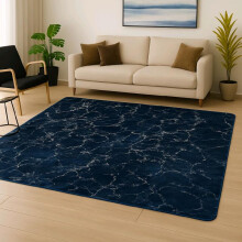 (Navy, Silver) Luxury Marble Effect Rug Soft Non-Slip Washable Carpet for Living Room Bedroom & Home Decor