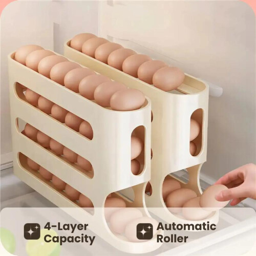 (Off White, 1 count) 4 Layer Egg Storage Box, 1 Count Slide Egg Storage Box, Large Capacity Automatic Egg Roller, Durable Stackable Fridge Organizer, Kitchen 1