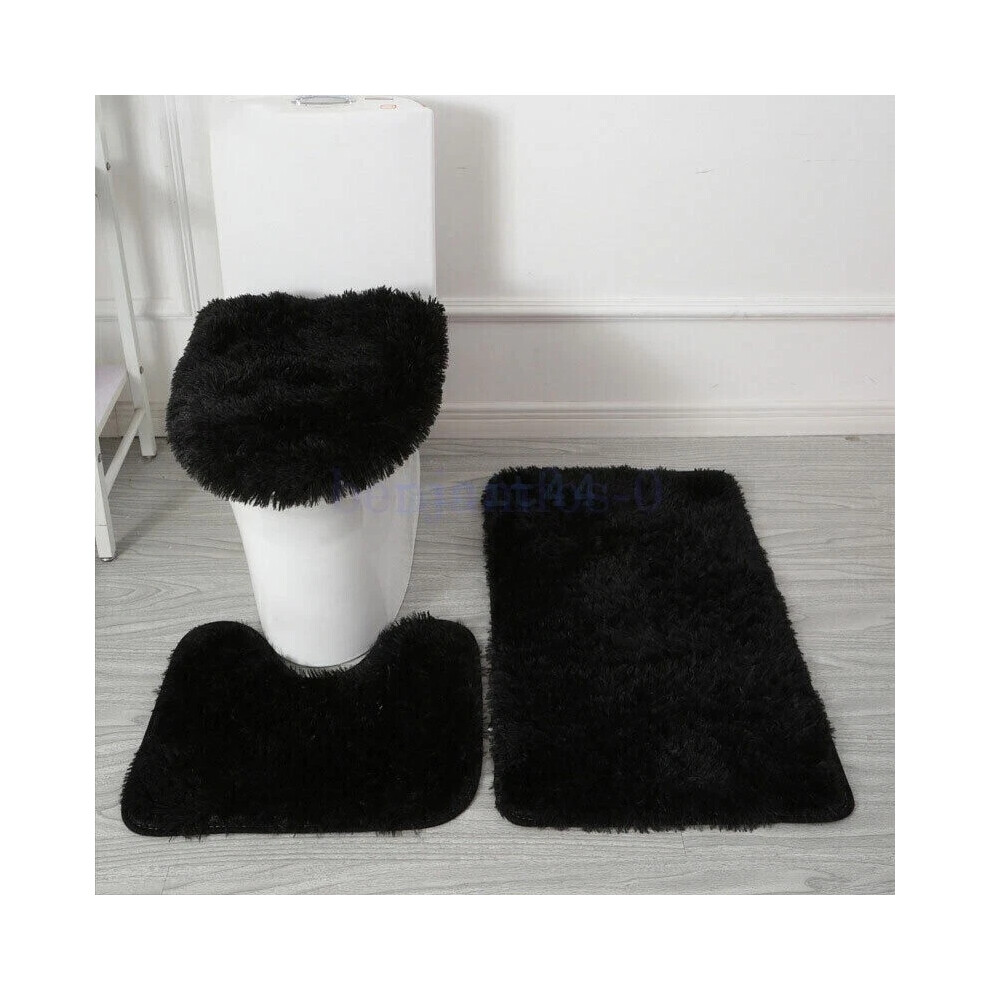 (Black) 3Pcs/Set Bathroom Non-Slip Carpet Set Pedestal Rug+Lid Toilet Seat Cover+Bath Mat Pad New Black