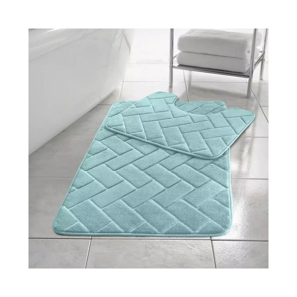 (Aqua) Memory Foam Non Slip Bath Mat Set 2 Piece Rubber Pedestal Toilet Bathroom Rug Retro 5021832413344