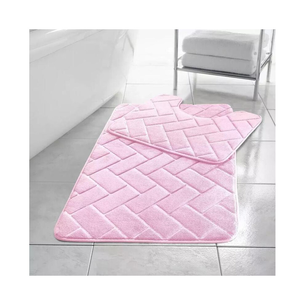 (Pink) Memory Foam Non Slip Bath Mat Set 2 Piece Rubber Pedestal Toilet Bathroom Rug Retro
