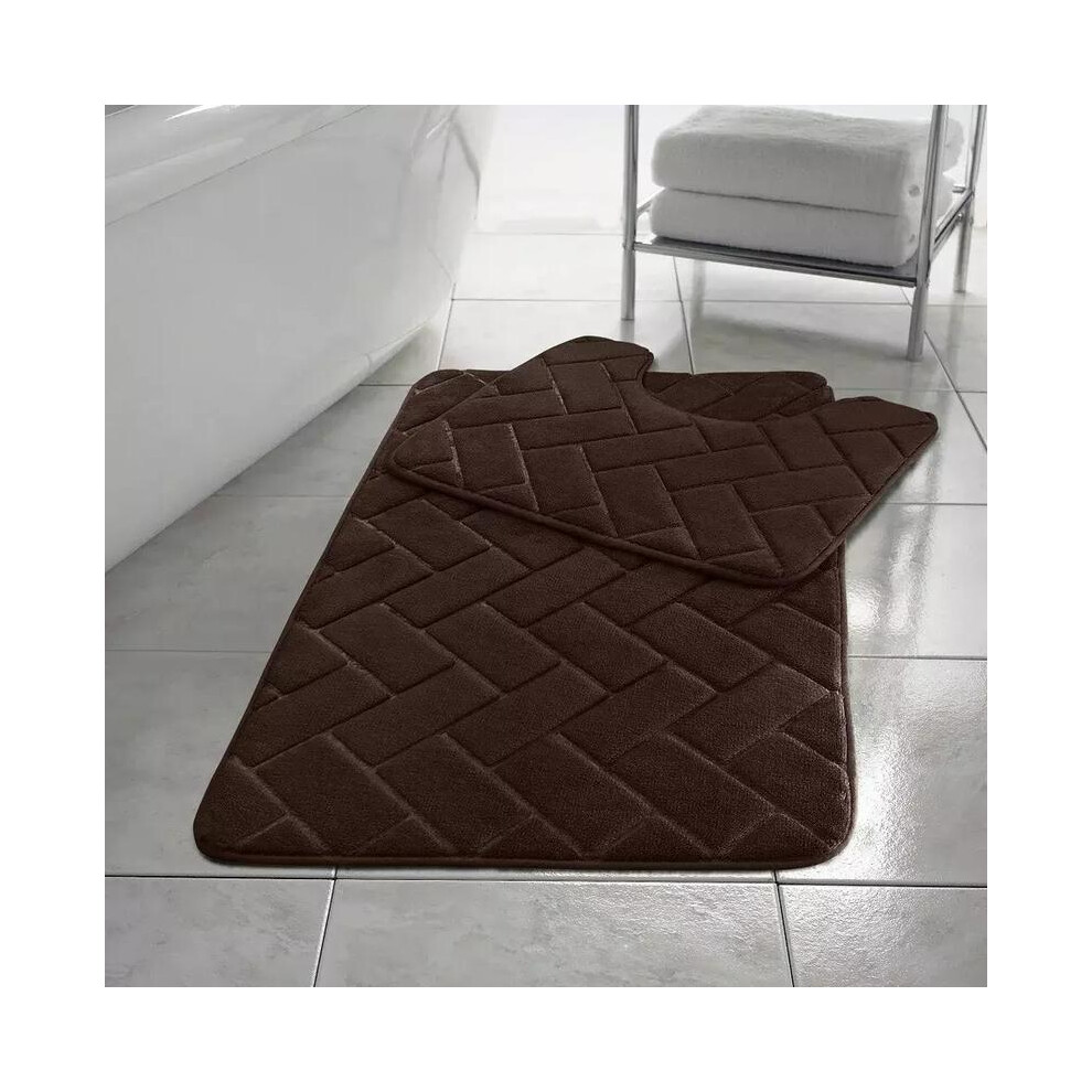 (Chocolate) Memory Foam Non Slip Bath Mat Set 2 Piece Rubber Pedestal Toilet Bathroom Rug Retro 5021832413368