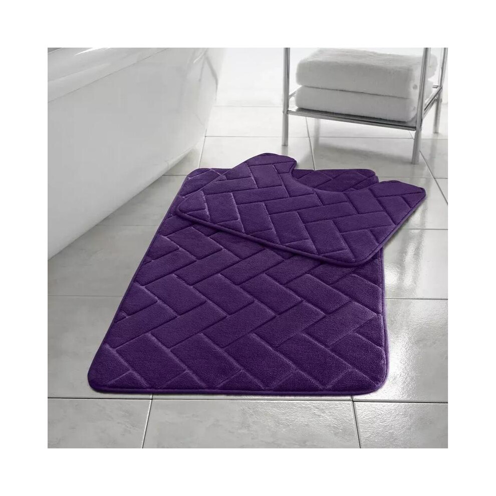 (Plum) Memory Foam Non Slip Bath Mat Set 2 Piece Rubber Pedestal Toilet Bathroom Rug Retro 5021832413405