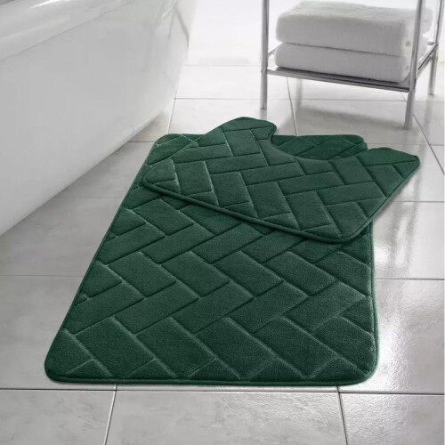 (Sage Green) Memory Foam Non Slip Bath Mat Set 2 Piece Rubber Pedestal Toilet Bathroom Rug Retro