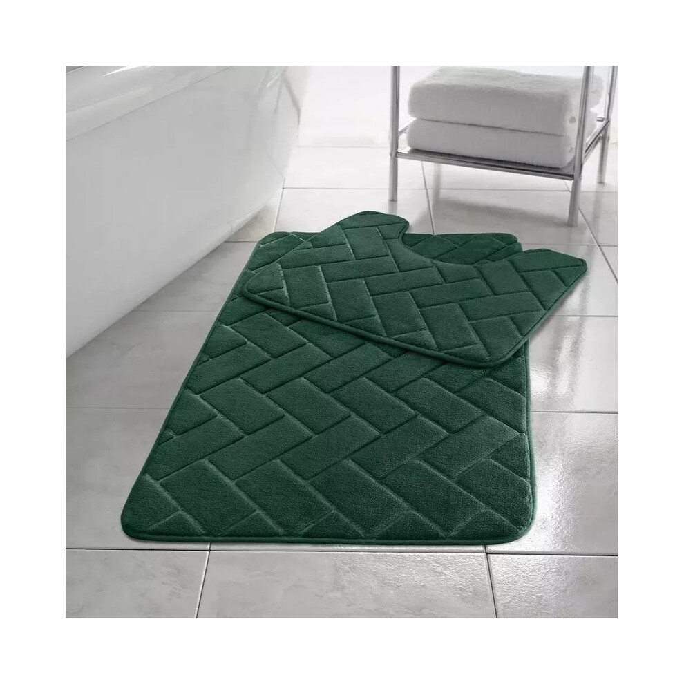 (Sage Green) Memory Foam Non Slip Bath Mat Set 2 Piece Rubber Pedestal Toilet Bathroom Rug Retro