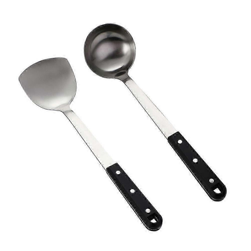 Set of sauté pan, frying shovel, sauce serving spoon, metal soup ladle, soup spoon, ladle