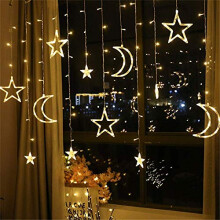 Ramadan LED String Lights 3.5m Star Moon, Battery Powered Moon LED Curtain Lights, Indoor Outdoor 2 Modes, Warm White