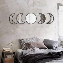 (Black, one-size) Home Decor Products Moon Cycle Design Wall Mirror Ornaments, 5 Counts Wooden Wall Art Hanging Decor for Home Living Room Bedroom, Spring
