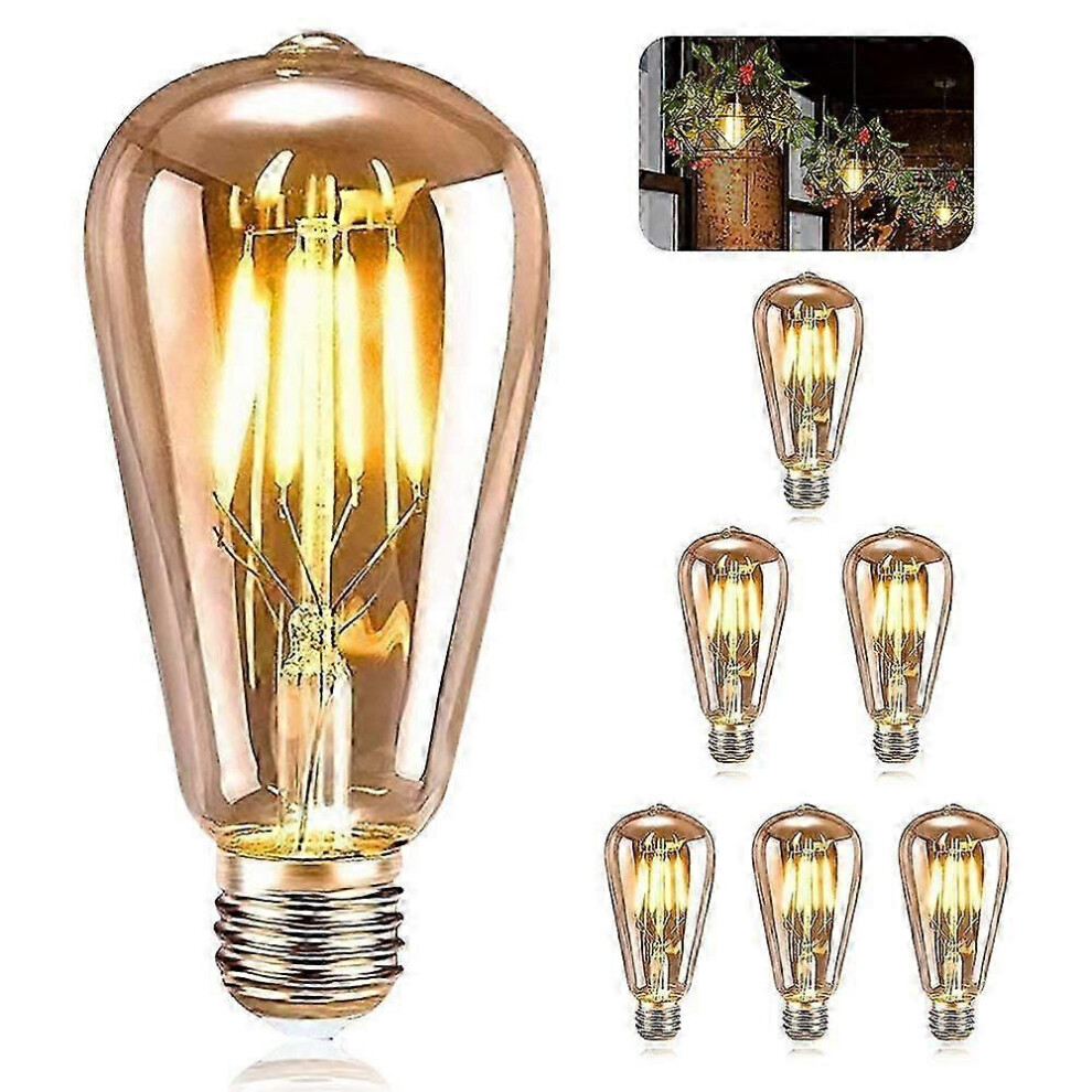 Pack of 6 Vintage E27 LED ST64 Edison Retro Style Light Bulbs 4W Warm White Filament for Restaurant Cafe Bar