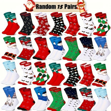 15pcs Mixed Neutral Christmas Socks with Fun Santa Claus, Snowflakes, and Reindeer Designs for Men and Women - Perfect for New Year Celebrations